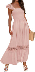 ZESICA Women's Lace Strap Sleeveless Square Neck Smocked Flowy Maxi Dress | High Waist, Ruffle, Hollow Out, A Line, Backless, Boho, Elegant Wedding Guest Cocktail Party Long Dresses