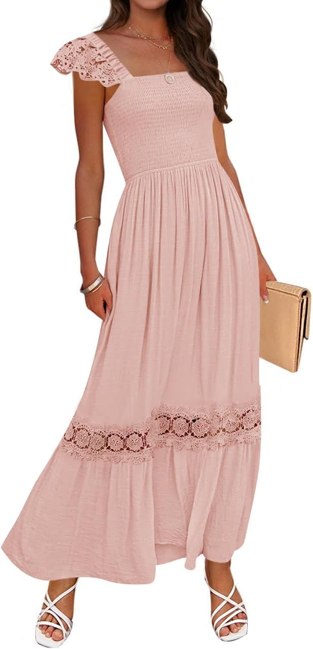 ZESICA Women's Lace Strap Sleeveless Square Neck Smocked Flowy Maxi Dress | High Waist, Ruffle, Hollow Out, A Line, Backless, Boho, Elegant Wedding Guest Cocktail Party Long Dresses