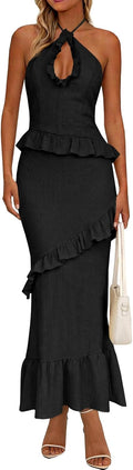 Wenrine Womens Summer Halter Maxi Dress Sleeveless Long Party Dresses | Halter Neck, Ruffle Tassel, Cut Out, Sleeveless, Backless, Cocktail Party Dresses