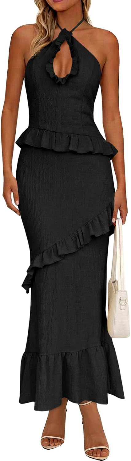 Wenrine Womens Summer Halter Maxi Dress Sleeveless Long Party Dresses | Halter Neck, Ruffle Tassel, Cut Out, Sleeveless, Backless, Cocktail Party Dresses