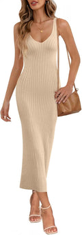MEROKEETY Womens Summer Bodycon Deep V Neck Sleeveless Knit Midi Dress 2026 | Ribbed, Stretchy, Sexy, Long Tank Sweater Dress, Baby Shower, Gender Reveal, Bump-friendly, Maternity, Date Night, Vacation