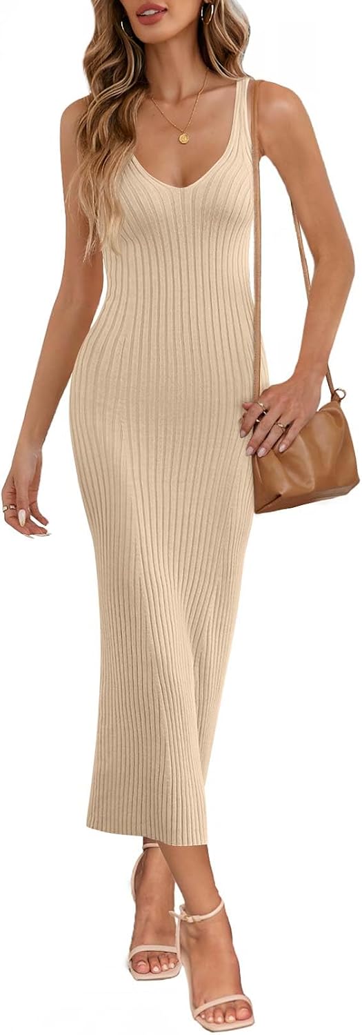 MEROKEETY Womens Summer Bodycon Deep V Neck Sleeveless Knit Midi Dress 2026 | Ribbed, Stretchy, Sexy, Long Tank Sweater Dress, Baby Shower, Gender Reveal, Bump-friendly, Maternity, Date Night, Vacation
