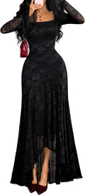 GothDark Lace Dress for Women Bell Sleeve Square Neck Formal Party Outfits | Soft Lace Fabric, Lining, Mermaid Hem, Square Neck, Floral Print, Wedding Guest, Evening Cocktail, Party, Homecoming