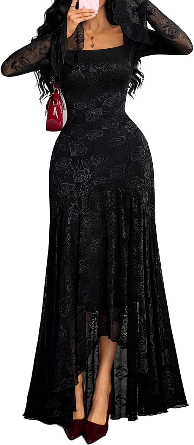 GothDark Lace Dress for Women Bell Sleeve Square Neck Formal Party Outfits | Soft Lace Fabric, Lining, Mermaid Hem, Square Neck, Floral Print, Wedding Guest, Evening Cocktail, Party, Homecoming