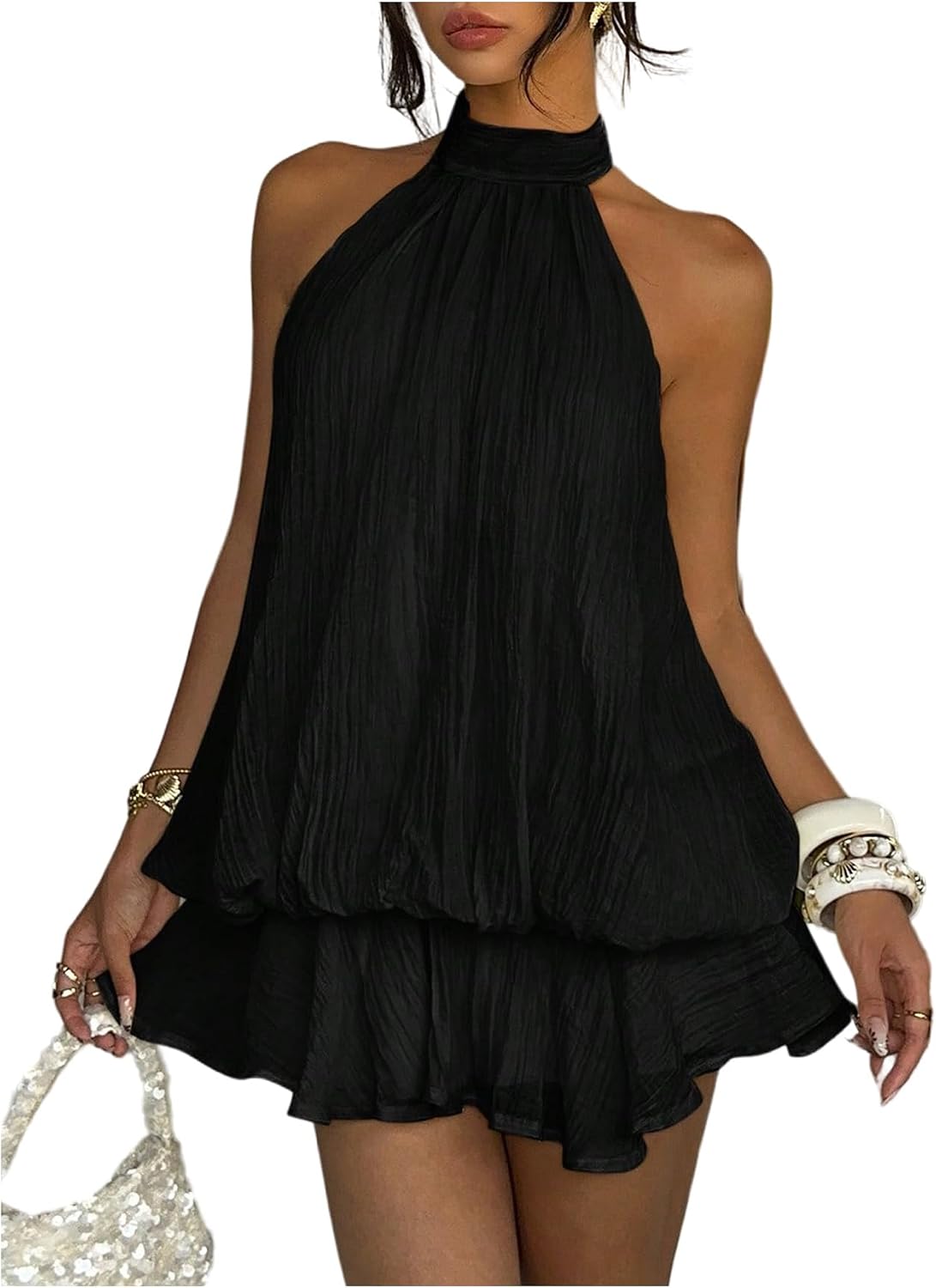 SweatyRocks Women's Y2k Chiffon Backless Halter Mini Dresses | Draped Ruffle Going Out Summer Dress