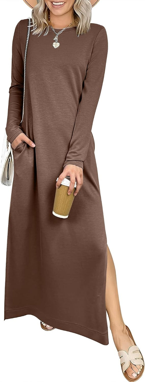 ANRABESS Women Long Sleeve Fall Maxi Dresses with Pockets Wrinkle Free | Air Layer Fabric, Casual Travel Vacation Shirt Dress, Crewneck Slit Side, Comfort Work All-Day Wear Clothes Spring Outfits