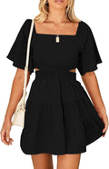 Women's Summer Dresses Square Neck Casual Short Sleeves Party Mini Dress | Casual Summer Mini Dress, Elastic Waist, Ruffle Hem for Vacations, Beach Trips, Brunch, Dates and Parties