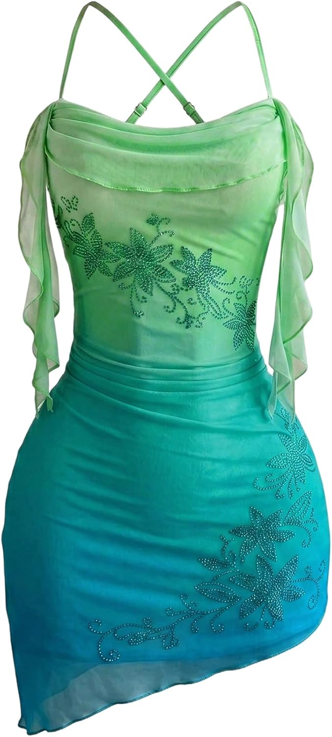 SHENHE Women's Boho Bodycon Halter Dress Mesh Ruched Sunset Mini Dress | Tie Dye ,Sexy Rhinestone,Floral Halter Dress,Asymmetrical,Sleeveless