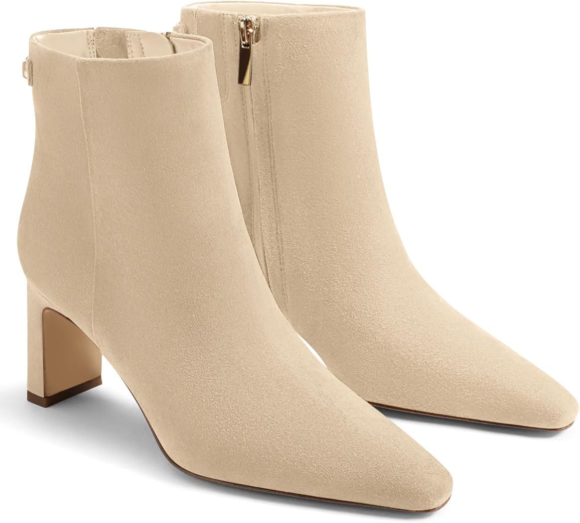 Women's Chunky Heel Ankle Booties - Closed Toe and Side Zipper Winter Dress Boots for Work and Evenings - Brown