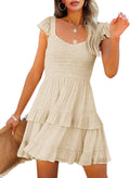 Fessceruna Women Summer Mini Dress Smocked Ruffle Layered Babydoll Sundress | A-line, Square Neck, Cap Sleeve, Empire Waist, Teen, Flowy, Beach, Country Concert, Graduation