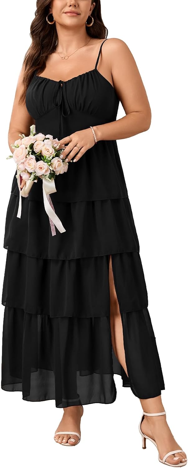 SHESTARR Womens Plus Size Wedding Guest Floral Maxi Dress | Elegant, Cocktail, Formal, Evening, Party, Spaghetti Strap, Tiered Ruffle, Slit, Summer, Flowy, Chiffon, Long Dresses