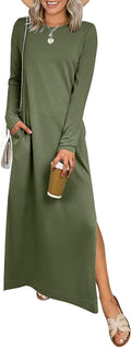ANRABESS Women Long Sleeve Fall Maxi Dresses with Pockets Wrinkle Free | Air Layer Fabric, Casual Travel Vacation Shirt Dress, Crewneck Slit Side, Comfort Work All-Day Wear Clothes Spring Outfits