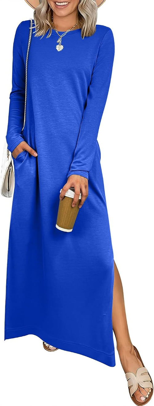 ANRABESS Women Long Sleeve Fall Maxi Dresses with Pockets Wrinkle Free | Air Layer Fabric, Casual Travel Vacation Shirt Dress, Crewneck Slit Side, Comfort Work All-Day Wear Clothes Spring Outfits
