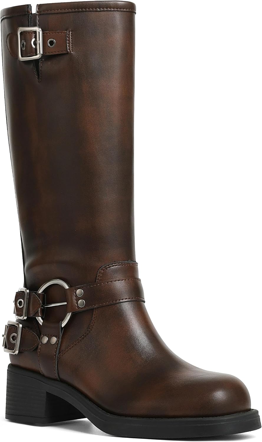 Women's Buckle Moto Knee High Boots - Square Toe, Pull On Tall Shafts and Chunky Low Heel for Fall Outfits - 6 (6)