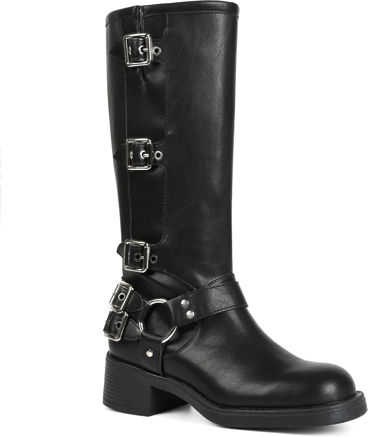 Women's Buckle Moto Knee High Boots - Square Toe, Pull On Tall Shafts and Chunky Low Heel for Fall Outfits - 7 (13)