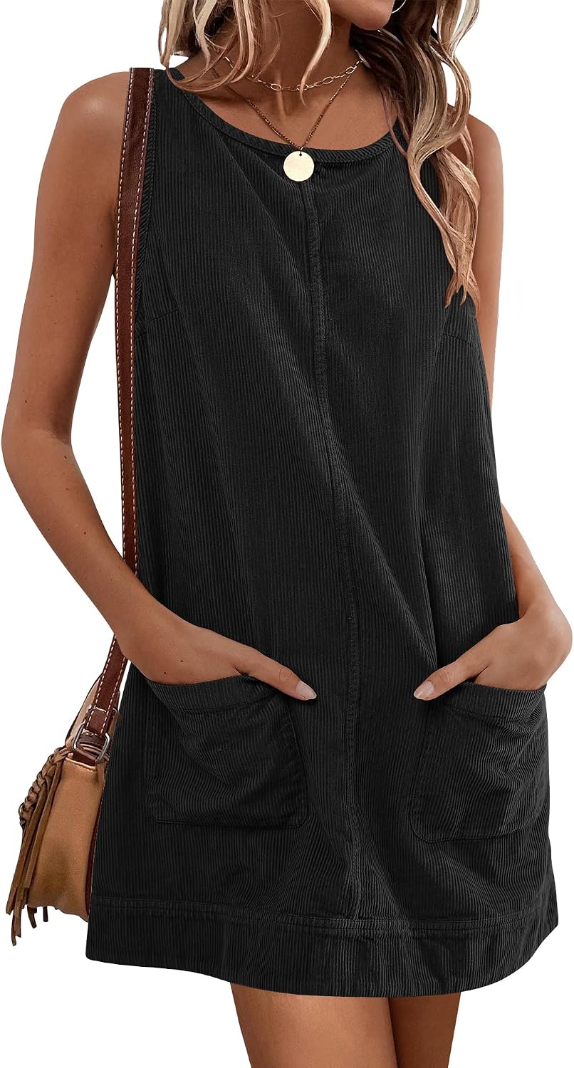 Caracilia Womens Corduroy Sleeveless Overall Mini Dress | Soft Cozy , Crewneck Backless Jumper Dresses with Pockets, Casual, Daily&Work&Travel Skirtall, Spring Fall Pinafore Dress