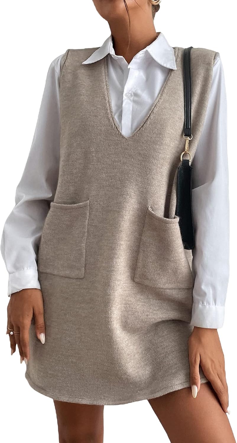 OYOANGLE Women's V Neck Sweater Vest Dress Sleeveless Fall Overall Dress | Winter Dress, Old Money Clothes, Tank Sweater Dress with Pockets, Jumper Dress, Knit Shift Dress