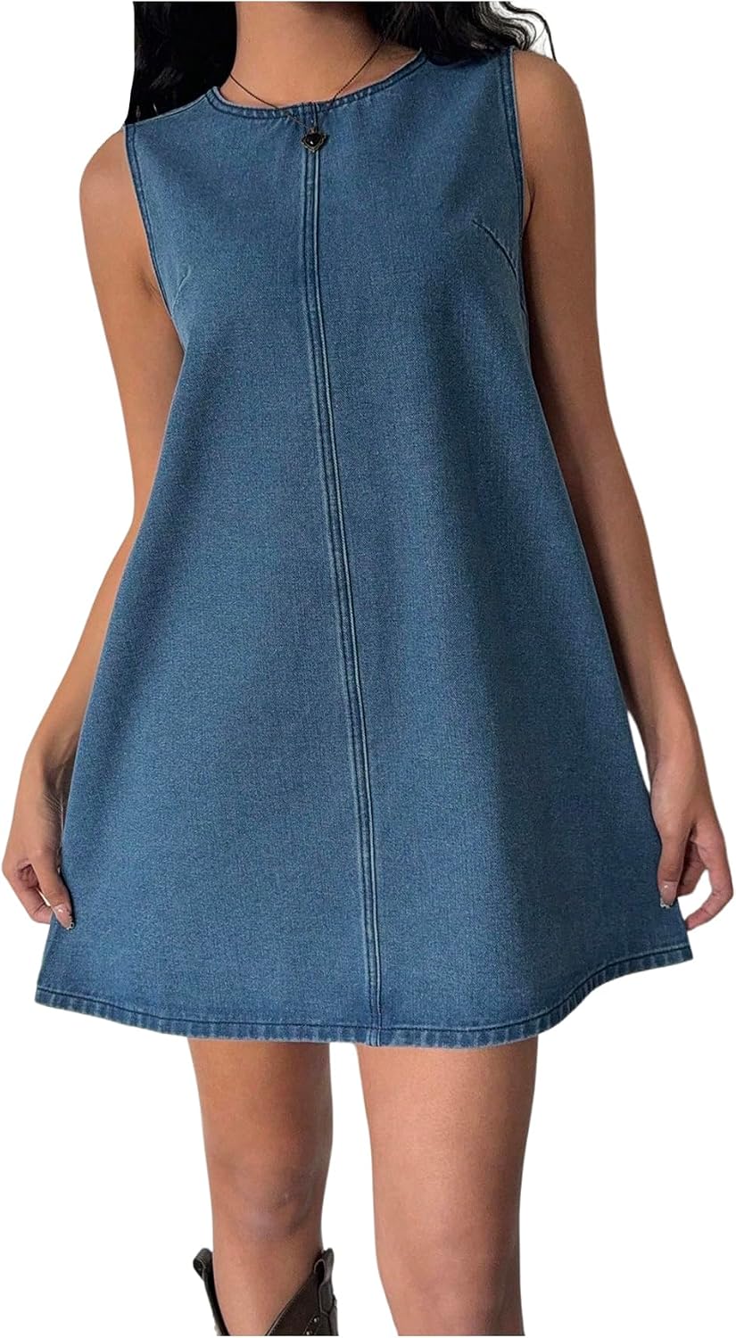 Milumia Women Bow Tie Back Crew Neck Sleeveless Short Denim Dress Sundress | Causual, Mini Denim Dresses, A-Line, Cowgirl, Summer Fall Fashion, Festival Country Concert Outfits