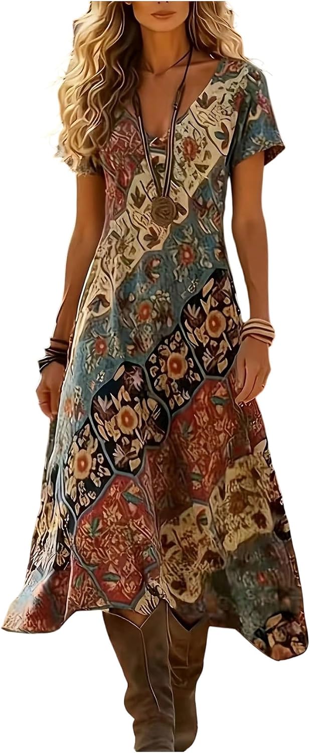 GORGLITTER Women's Western Dress Boho Color Block Floral Short Sleeve Cowgirl Country A Line Flowy Midi Dresses