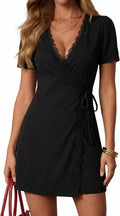 Nitzana Women's Polka Dot Dress Short Sleeve Mini Wrap Dresses with Belt | Wrap Dress for Women Polka Dot Outfits Lace Trim Deep V Neck Cocktail Dresses with Adjustable Belt Casual Summer Dress 2026