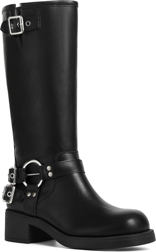 Women's Buckle Moto Knee High Boots - Square Toe, Pull On Tall Shafts and Chunky Low Heel for Fall Outfits - 6