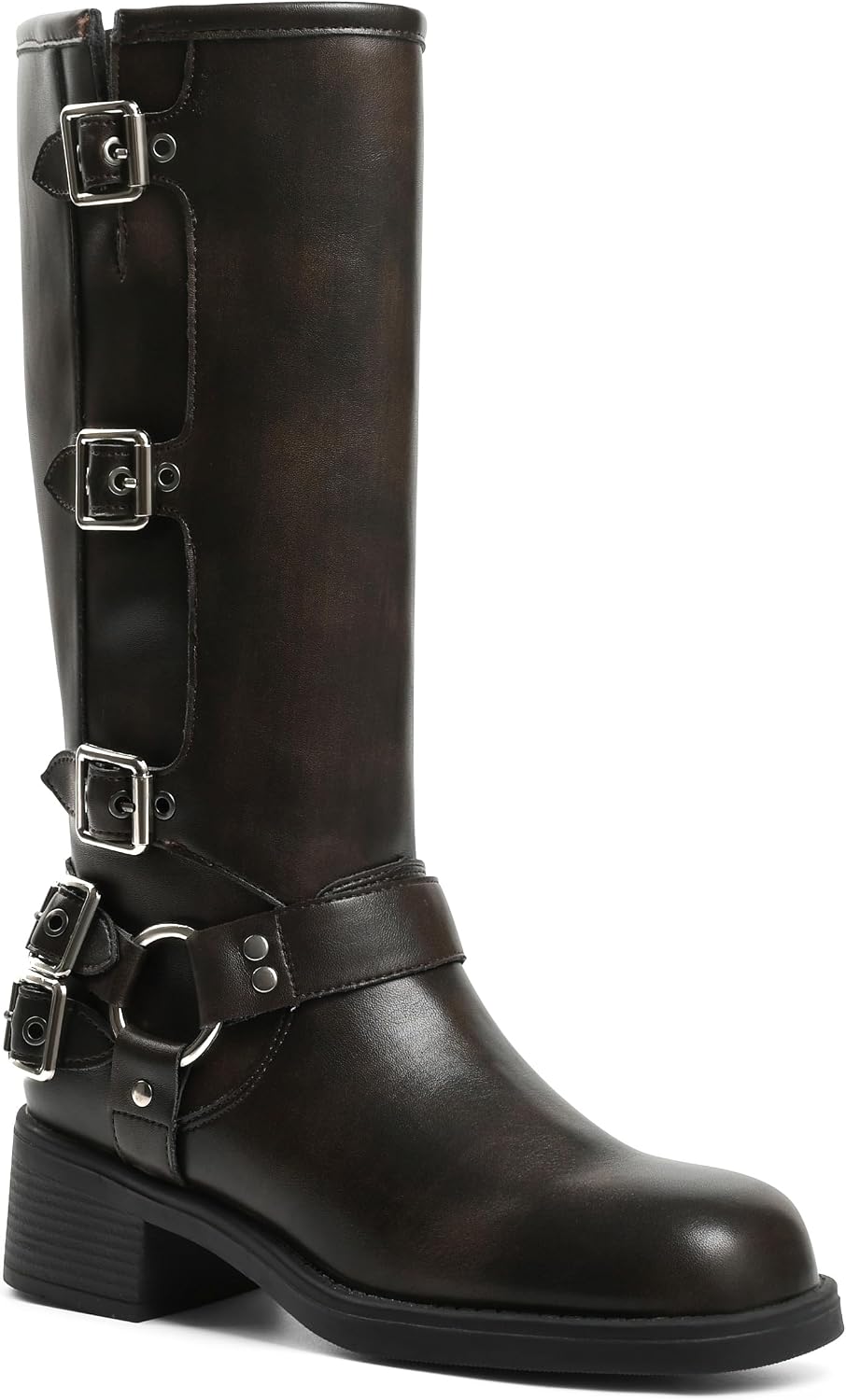 Women's Buckle Moto Knee High Boots - Square Toe, Pull On Tall Shafts and Chunky Low Heel for Fall Outfits - 7