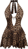 SOLY HUX Women's Cheetah Print Backless Halter Mini Dress | Y2k Style Dresses, Gothic, Deep V Neck , Leopard Animal Print, Plus Size, Layered Ruffle