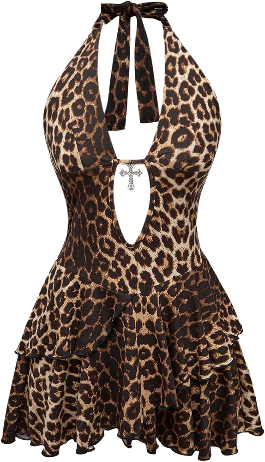 SOLY HUX Women's Cheetah Print Backless Halter Mini Dress | Y2k Style Dresses, Gothic, Deep V Neck , Leopard Animal Print, Plus Size, Layered Ruffle