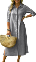 ebossy Women's Loose Striped Shirt Dress Button Down 3\/4 Sleeve Side Slit Flowy A Line Mid Long Boho Dress with Pockets
