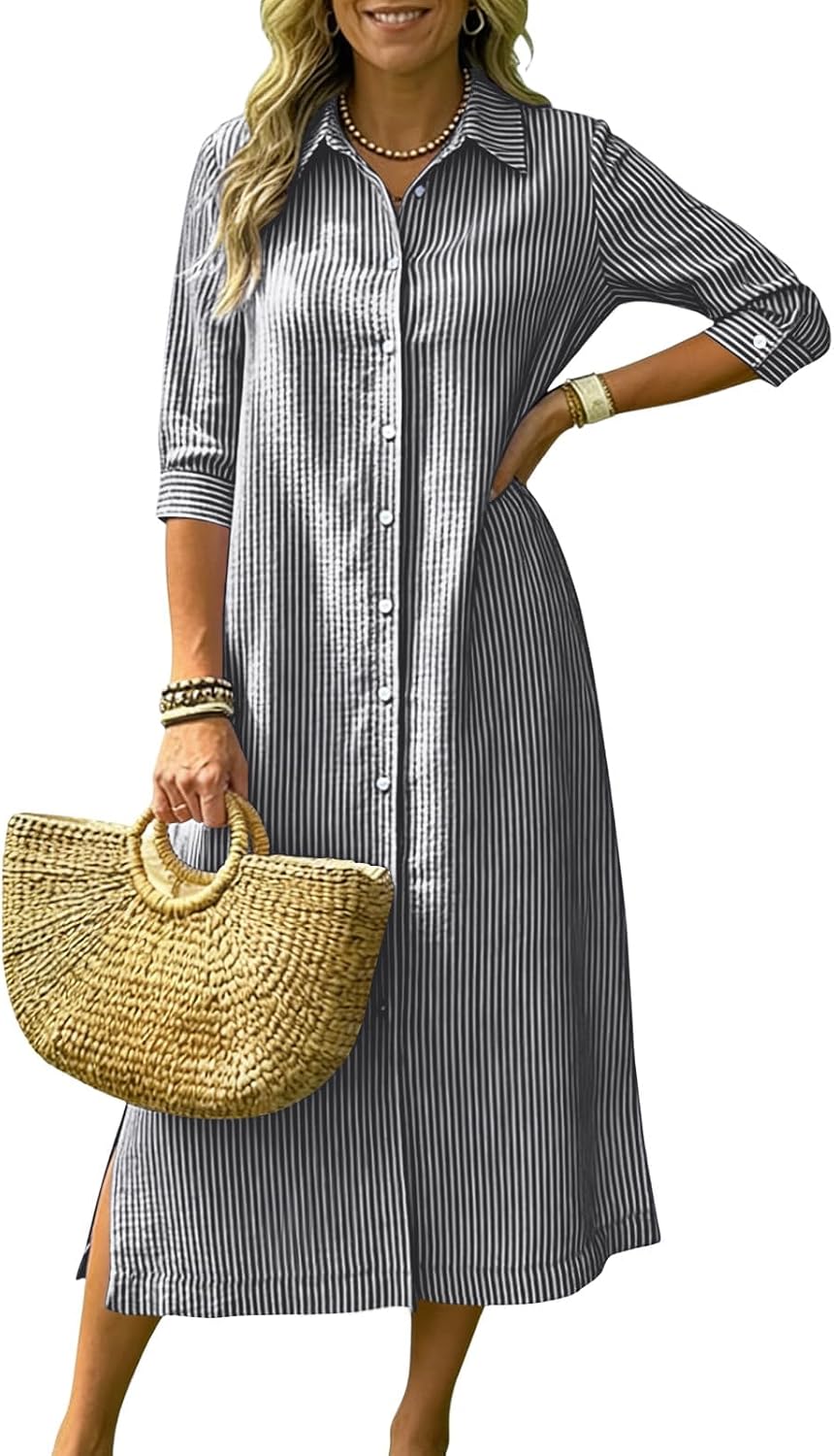 ebossy Women's Loose Striped Shirt Dress Button Down 3\/4 Sleeve Side Slit Flowy A Line Mid Long Boho Dress with Pockets