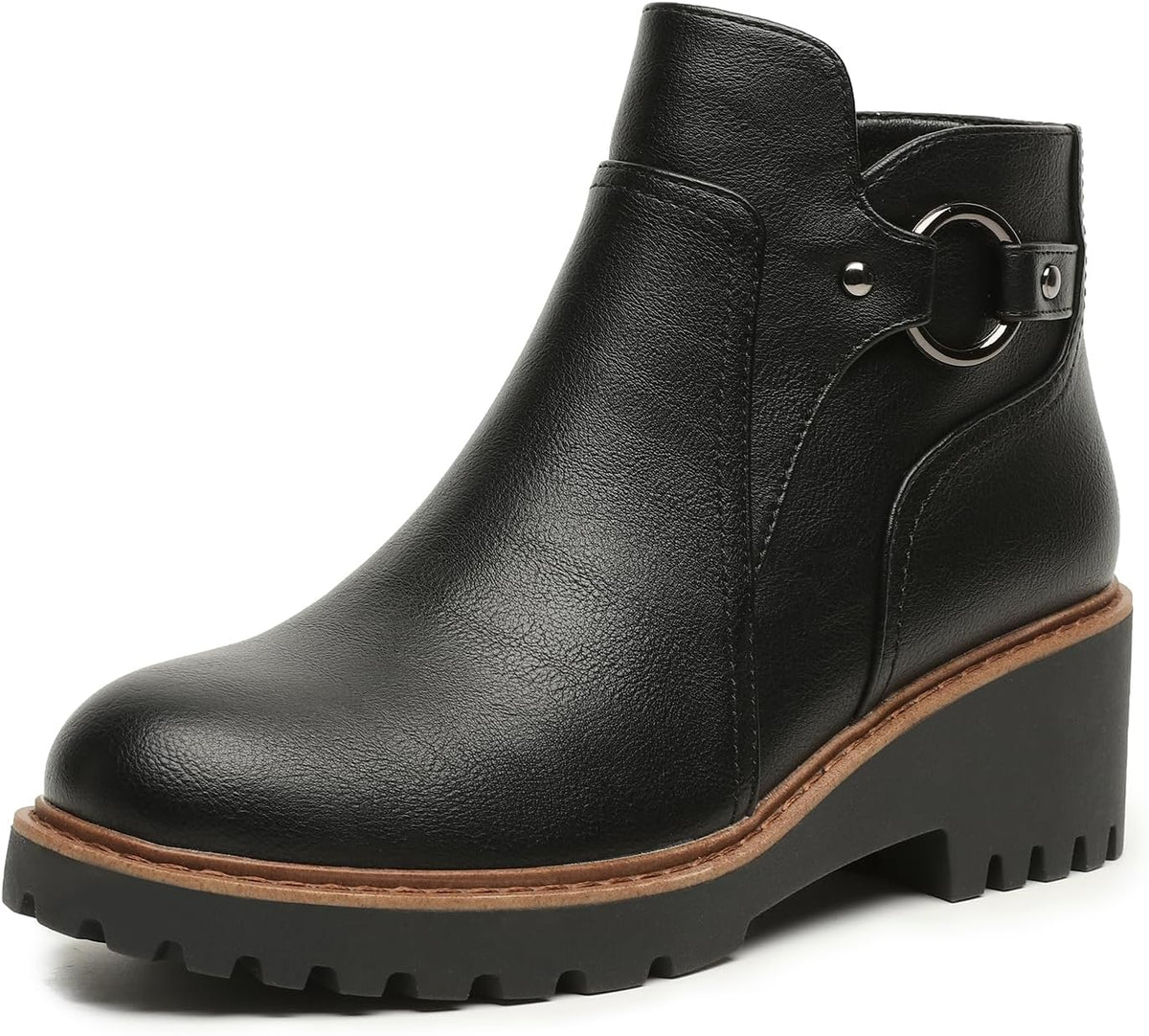 Women's Chunky Low Heel Ankle Booties - Round Toe, Side Zipper and Lug Sole for Office and Daily Walking - 7