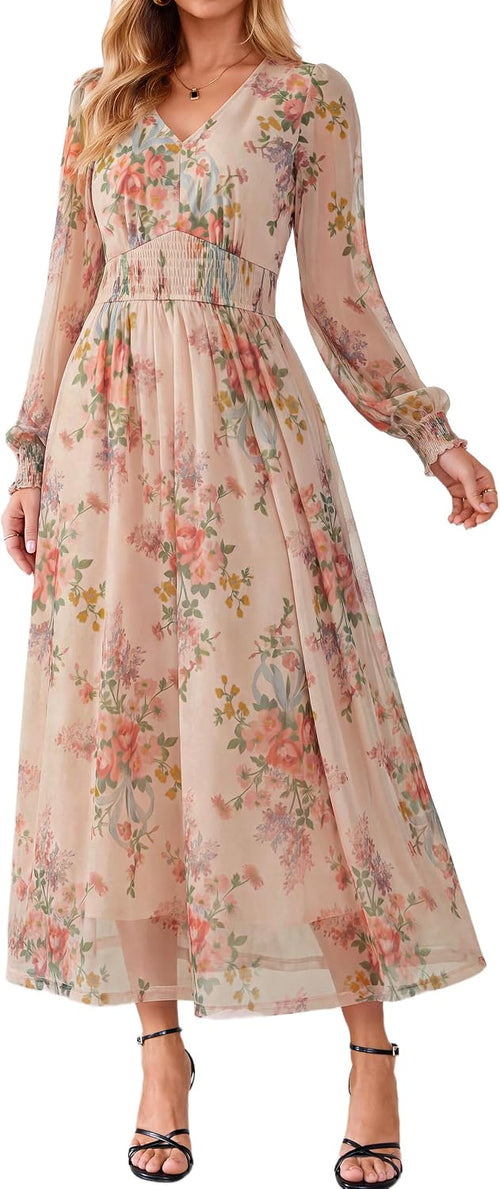 BerryGo Womens Tulle Floral Long Sleeve Maxi Fall Wedding Guest Dresses | 2026 Fashion, Casual V Neck, Smocked Empire Waist, Flowy A Line, Elegant Formal, Bridal Shower, Tea party, Mesh Long Dresses