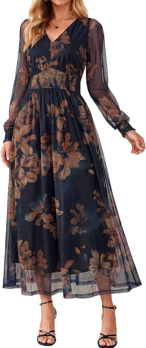 BerryGo Womens Tulle Floral Long Sleeve Maxi Fall Wedding Guest Dresses | 2026 Fashion, Casual V Neck, Smocked Empire Waist, Flowy A Line, Elegant Formal, Bridal Shower, Tea party, Mesh Long Dresses