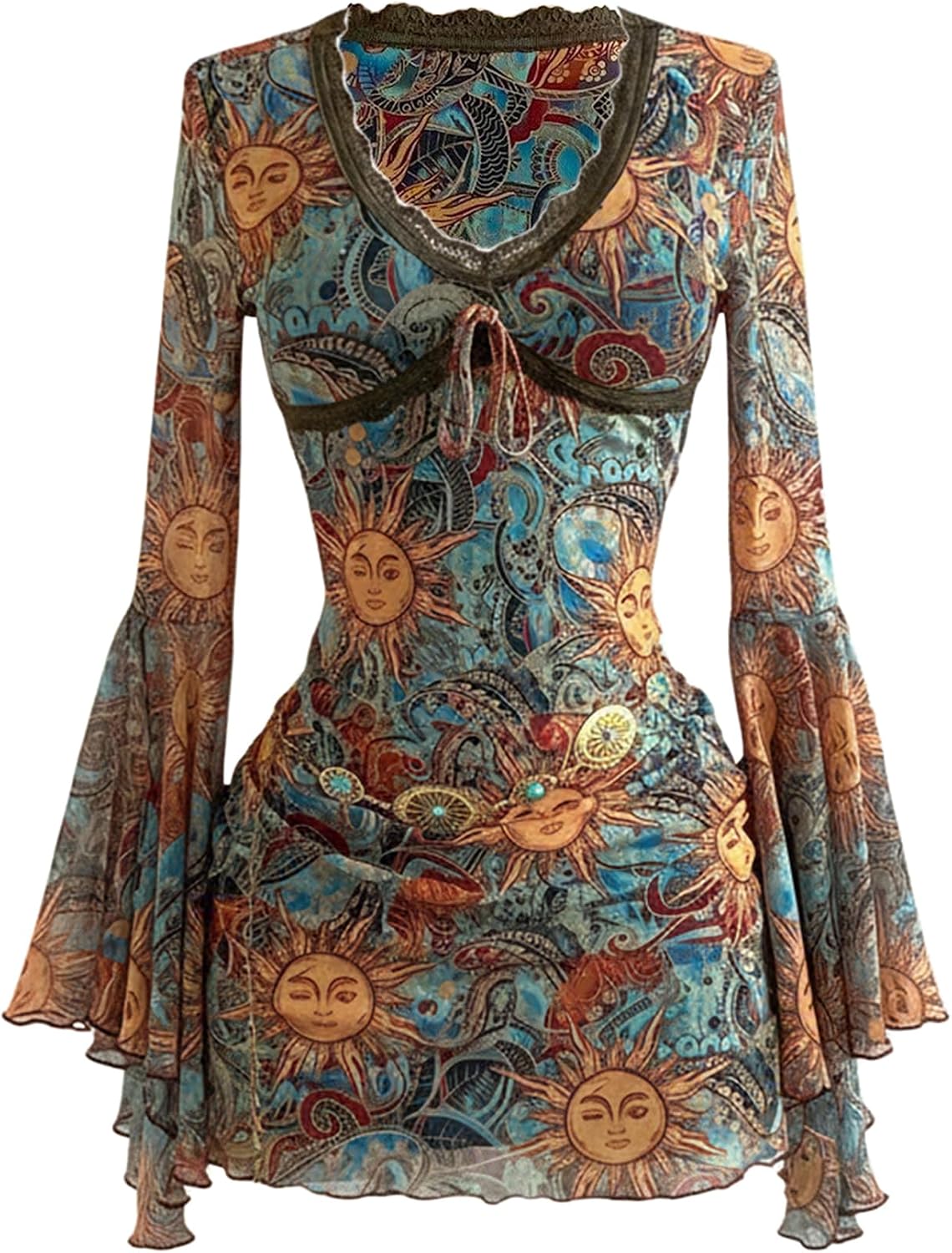 Floerns Women's Western Cowgirl Bell Sleeve Boho Country Floral Mini Dress | Country Concert Outfit, Western Cowgirl Vibe, Boho, Vintage, Hippie Style, Butterfly Sleeve Detail