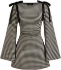 CIDER Women's Gingham Mini Dress Boat Neck Ruched Long Sleeve | Mid Rise Bowknot Detail, Regular Fit For School And Casual Outings