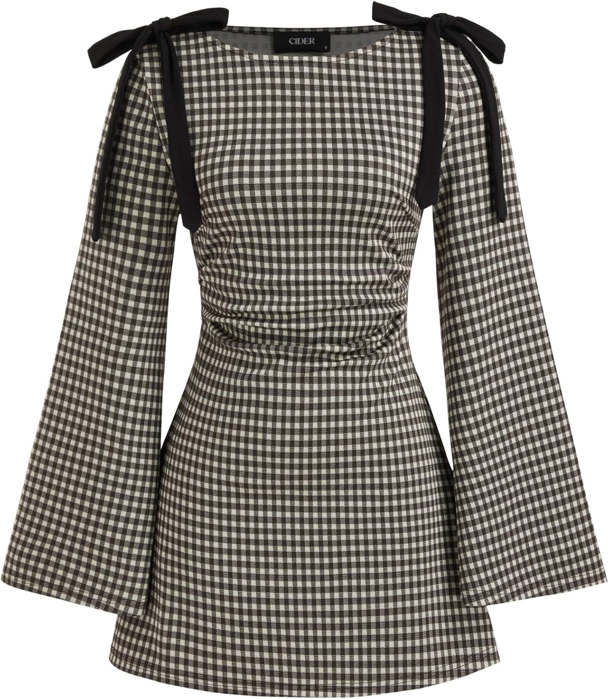 CIDER Women's Gingham Mini Dress Boat Neck Ruched Long Sleeve | Mid Rise Bowknot Detail, Regular Fit For School And Casual Outings