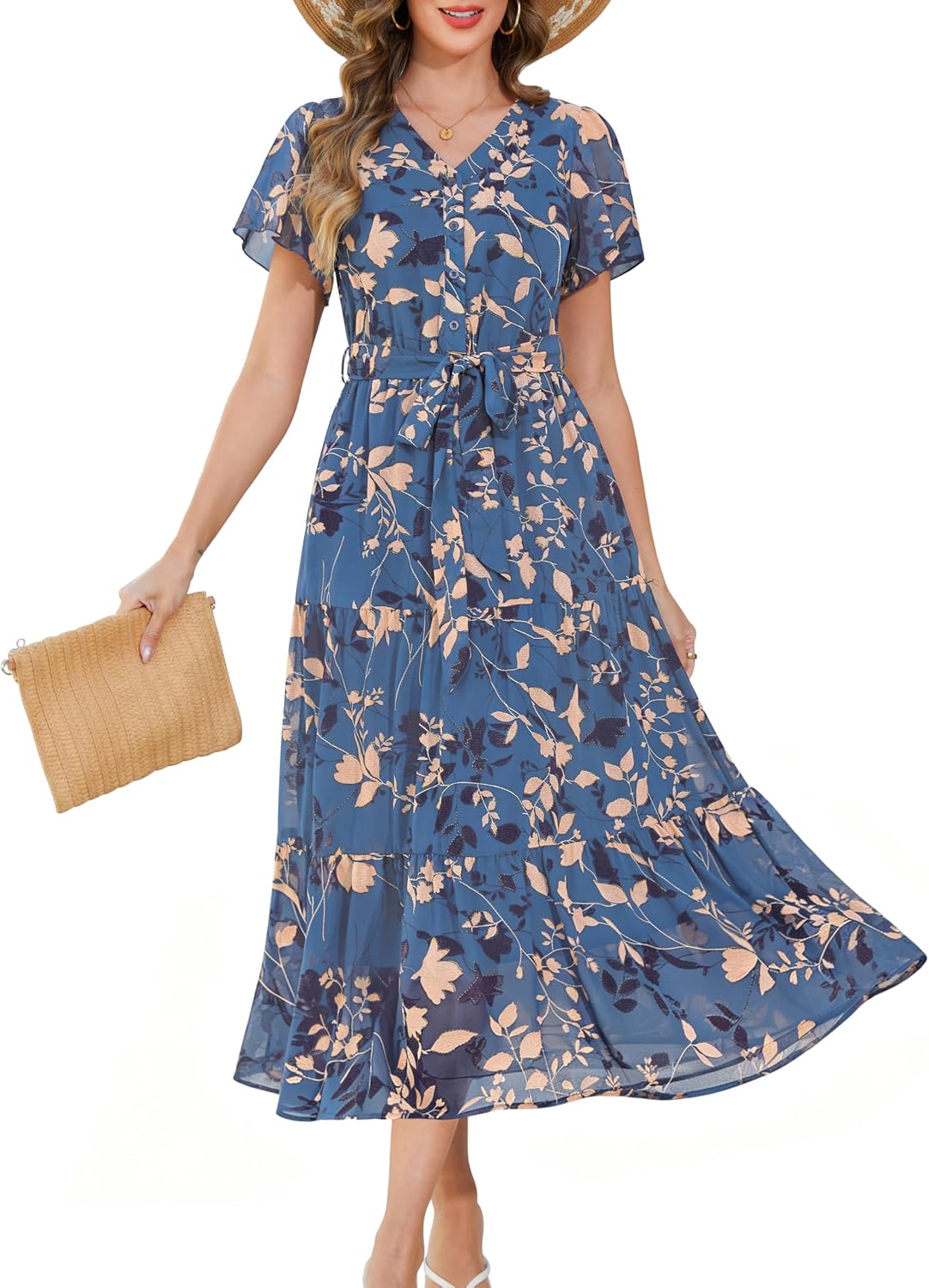 Annebouti Women Spring Summer 2026 Wedding Guest Removable-Belt Chiffon Button-Front Elegant Maxi Dress with Pockets