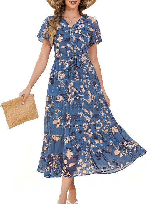 Annebouti Women Spring Summer 2026 Wedding Guest Removable-Belt Chiffon Button-Front Elegant Maxi Dress with Pockets