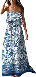 ZMPSIISA Womens Summer Off Shoulder Maxi Dress Strapless Boho Long Dresses | Ruffle Hem,Blue White Porcelain,Casual Loose Fit,For Beach Vacation