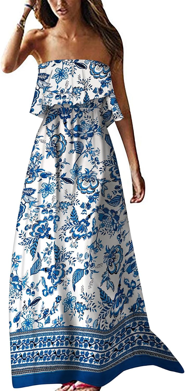 ZMPSIISA Womens Summer Off Shoulder Maxi Dress Strapless Boho Long Dresses | Ruffle Hem,Blue White Porcelain,Casual Loose Fit,For Beach Vacation