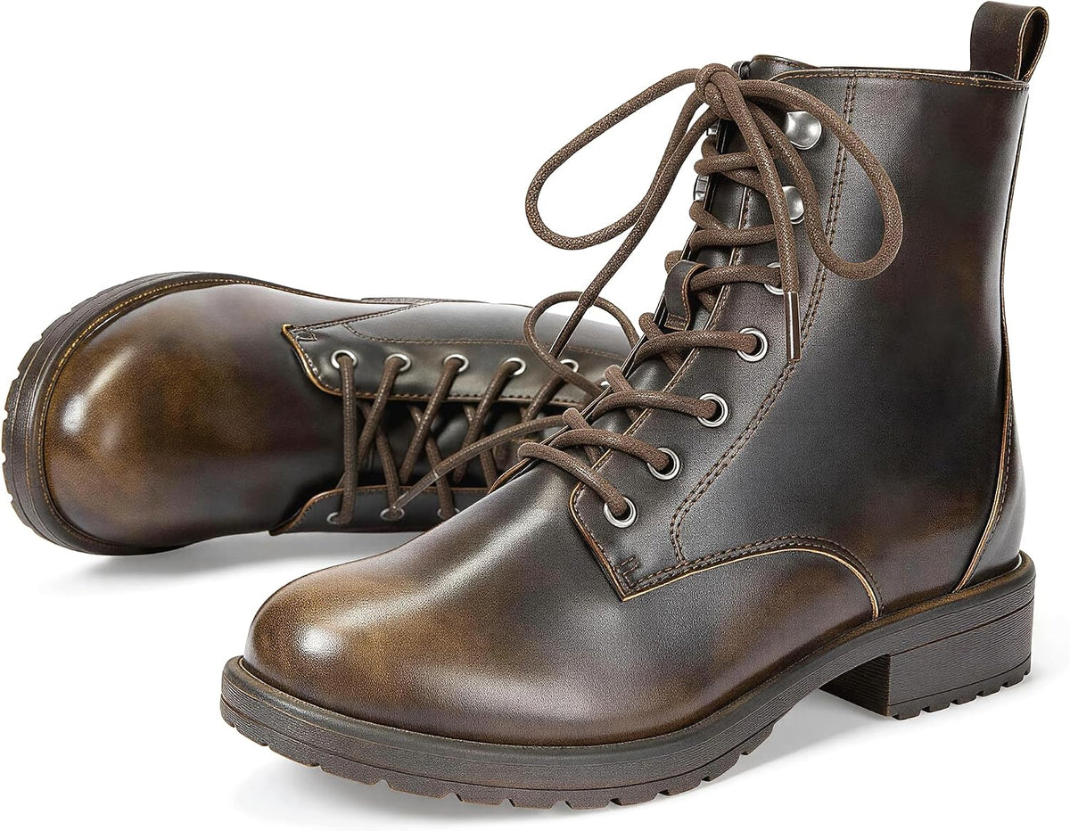 Women's Combat Ankle Boots - Lace Up Front, Side Zipper, Round Toe and Low Heel for Fall and Winter Wear - 10