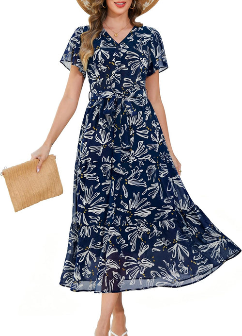Annebouti Women Spring Summer 2026 Wedding Guest Removable-Belt Chiffon Button-Front Elegant Maxi Dress with Pockets